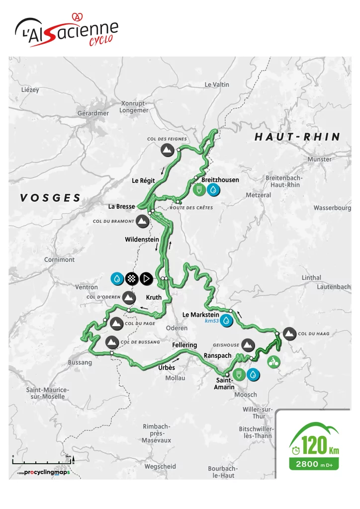 Tracé du parcours de la cyclosportive de 120 km de L'Alsacienne, l'événement cycliste ouvert à des milliers de participants