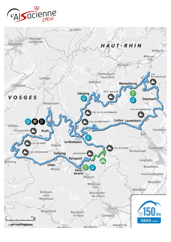 Tracé du parcours de la cyclosportive de 150 km de L'Alsacienne, l'événement cycliste ouvert à des milliers de participants