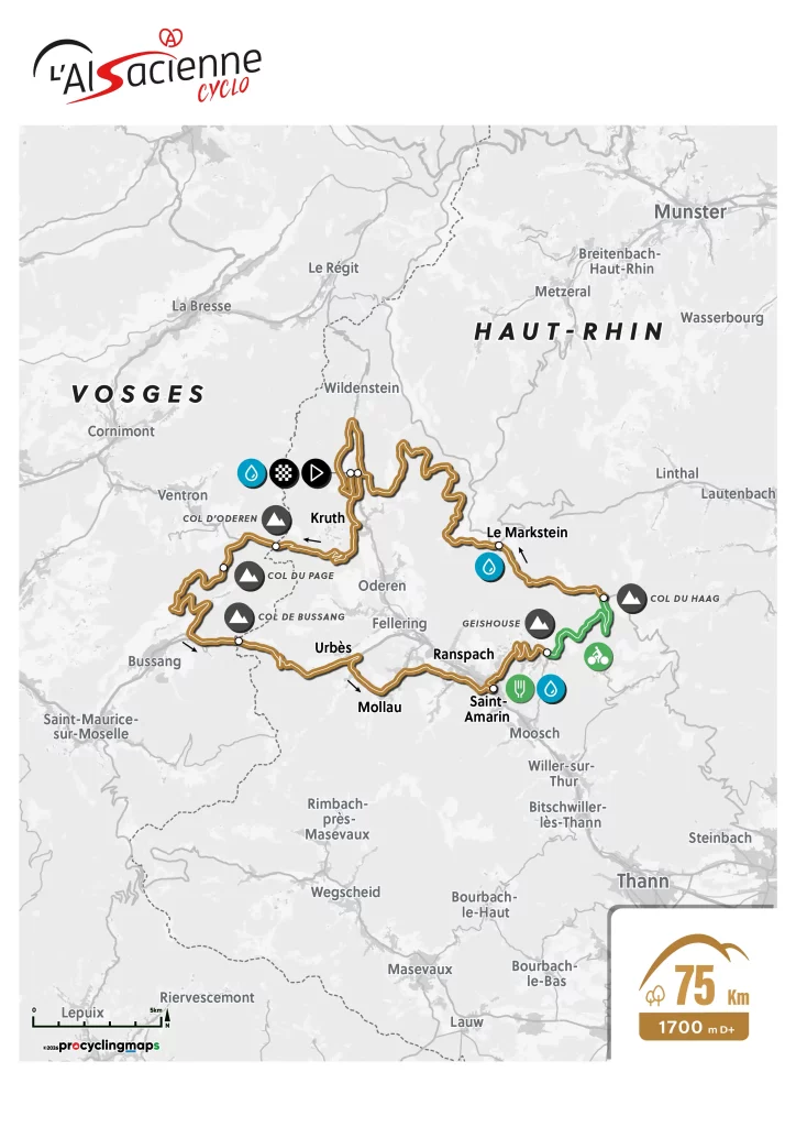 Tracé du parcours de la randonnée de 75 km de L'Alsacienne, l'événement cycliste ouvert à des milliers de participants